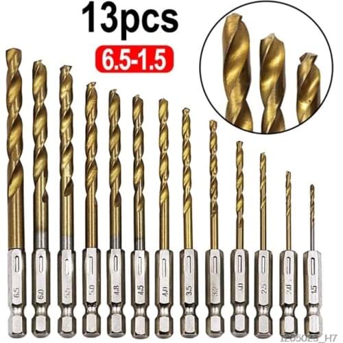13PCS/SET 1.5-6.5MM HSS High Speed Steel Titanium Coated 1/4 Hex Shank Drilling Bit Set Tools