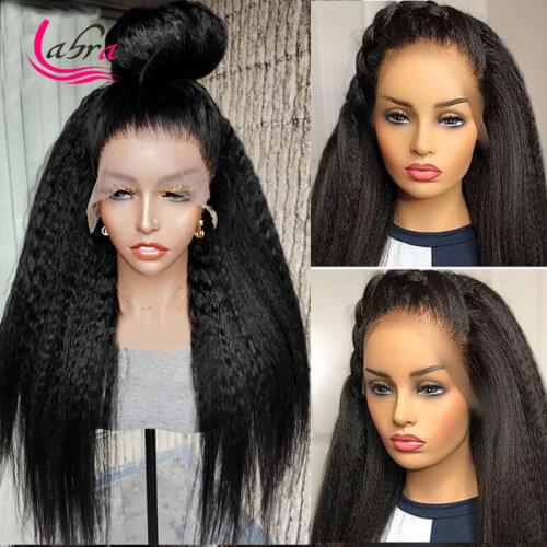 13X6 Yaki Lace Frontal Human Hair Wig Kinky Straightl Glueless Pre Plucked Brazilian HD Transparent Lace Front Wig Bleached Knot