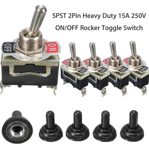 5Pcs/lot SPST 2Pin Heavy Duty 15A 250V ON/OFF Rocker Toggle Switch Waterproof Boot with Cap