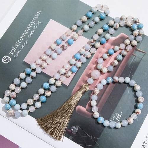 8mm Natural Emperor Jasper Faceted Rose Quartz Aquamarine Beaded Knotted Necklace Meditation Yoga Jewelry Set 108Japamala Rosary