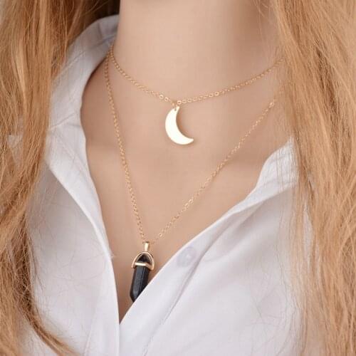Natural stone glass six corner neck chain fashion double decker moon crescent bullet pendulum Necklace Pendant Necklace
