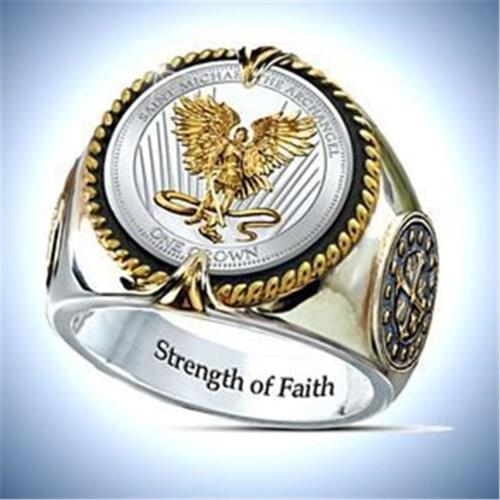 Gold Color Angel Pattern Ring "Strength of Faith" Inner Engraved Design Mens Belief Finger Accessories Jewelry Gifts
