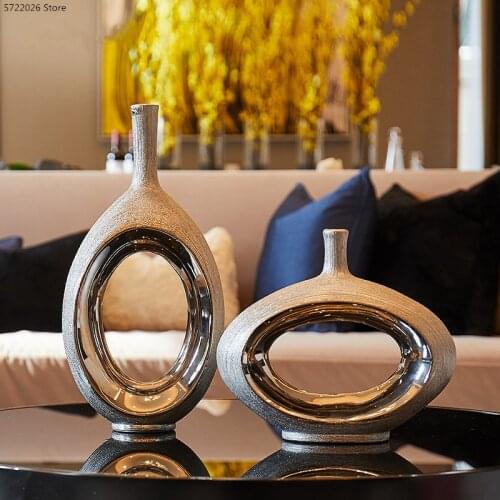 Creative Silver Oval Ceramic Vase Decoration Living Room Flower Arrangement Desktop Vase Modern Home Decoration Decoration