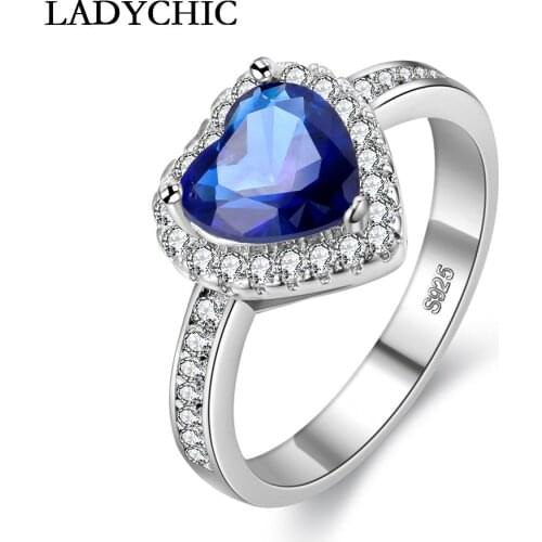 LADYCHIC Classic Love Heart Silver Color Micro Inlay Zircon Rings for Women Blue Crystal Ring Jewelry Christmas Gift LR1101