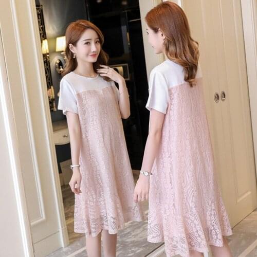 Sweet Hollow Out Pink Lace Maternity Dress 2018 Summer New Fashion Clothes for Pregnant Women Office Work Pregnancy Clothing