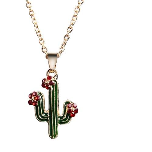 Cute Red Rhinestone Cactus Pendant Necklaces For Women Girls collar Green Enamel Flower Choker Necklace Fashion Jewelry