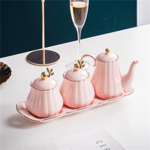 3pcs Set Ceramic Seasoning Jar With Storage Tray Household Spice Canister Kit Kitchen Supplies Combination Storage Tank