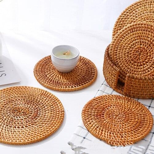 6Pcs Round Kitchen Table Mats Coasters Set Rattan Weave Cup Mat For Kungfu Tea Insulation Pad Dish Bowl Placemat Kitchen Decor