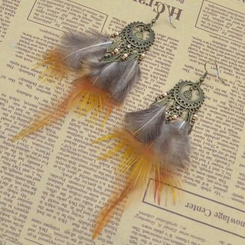 Fashion New Arrived Bohemian Jewelry Brown Feather Beads Tassels Long Drop Dangle Earrings For Charm Women