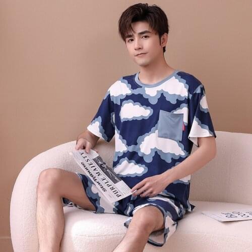Cotton Pajamas For Men Home Wear Summer Shorts Short Sleeved Sets Comfort Night Gowning Sleepwear Mens Home Clothes Night Suit