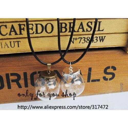10pcs dry dandelion flower Glass Vial Pendant Necklace Glass Bubble Globe leather necklace handmade