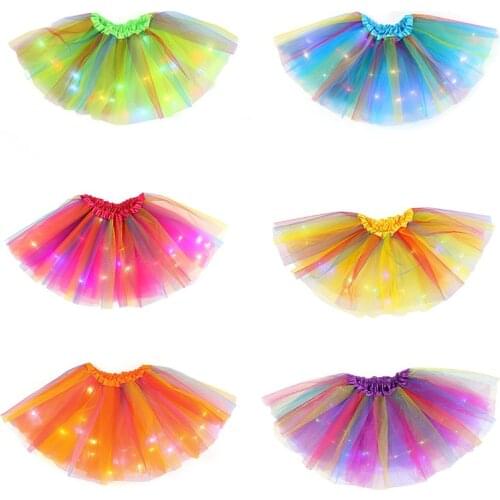 LED Glowing Light Girls Skirts Ballet Dance Rainbow Tulle Skirt Short Tutu Ballet Dancewear Party Costume Ball Gown Mini skirt