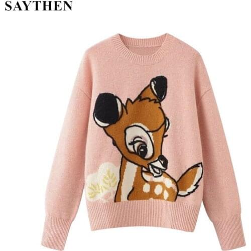 SAYTHEN Knitted Sweater Pullover Women O-Neck Long Sleeve Cute Fawn Animal Cartoon Casual Streetwear Traf Tops Jumper Mujer