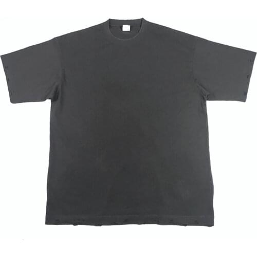 Dark Grey Garment-Washed Heavy Cotton Ripped T-Shirt Relaxed Fit Short Sleeve Raglan Tee Hip Hop Tops Streetwear