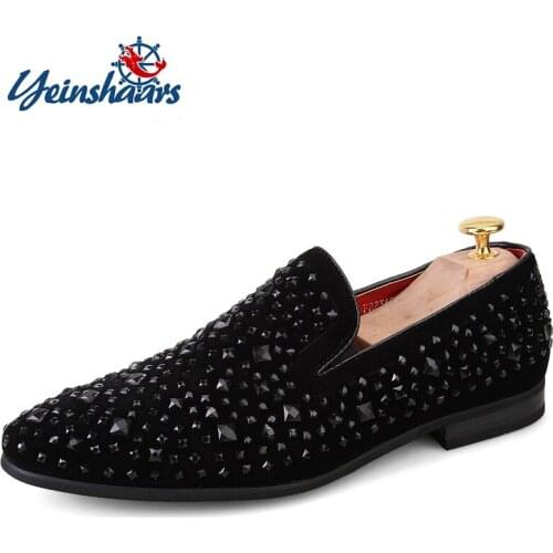 YEINSHAARS Men Fashion Loafer Shoes Party Dress Casual Rhinestone Pointed Toe Flat Breathable Party Dress Shoes Big Size 38-47