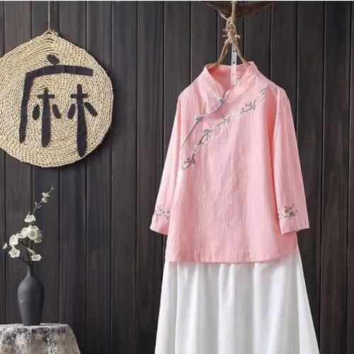 Chinese Retro Women Blouse Traditional Vintage Oblique Shirt Summer Cotton Oriental Woman Tops Mandarin Collar Cheongsam