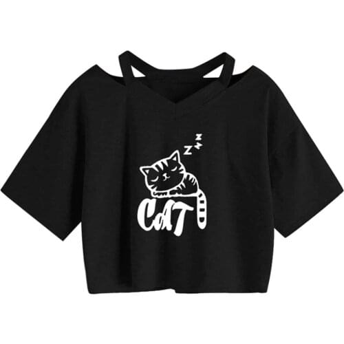 Womens cat print short T-Shirt Top slim high T-shirt cotton clothing Women top 2021 t shirt women camisetas de mujer