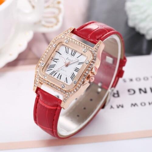 Women Diamond Watch Starry Square Dial Bracelet Watches Set Ladies Leather Band Quartz Wristwatch Female Red Pink Student Clock