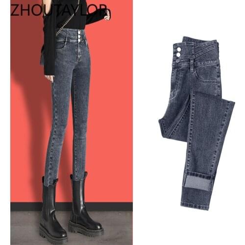 ZHOUTAYLOR Women Jeans High Waisted Full Length Fashion Sweet Button Trousers Femme Autumn New Slim Fit Pencil Pants Female