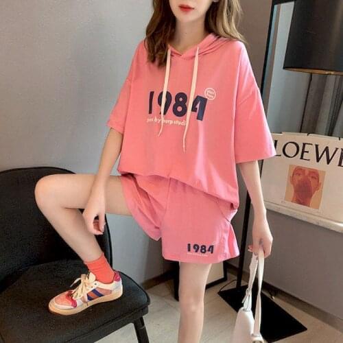 Womens Suits Sports Suits Summer 2021 New Large Size Loose Fashion Short Sleeve Hooded T Shirt Short Pants Casual Two-piece Sets