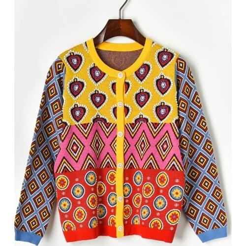Vintage Geometric Pattern Cardigan For Women Casual Long Sleeve O Neck Knitted Cardigan Female