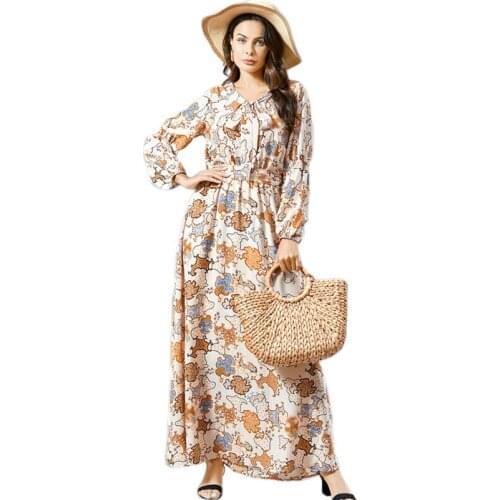 Women Muslim Long Dress Chiffon Printed Abaya Bowknot Collar Bohemian Casual Arab Jilbab Ramadan Long Sleeve Gown Middle East