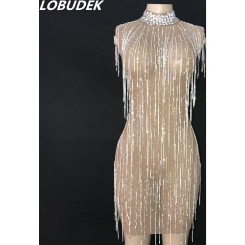 Women Birthday Prom Rhinestones Chains Dress Sexy Sleeveless Mesh Transparent Stretch Wrap Hips Tassel Dresses Singer Stage Wear