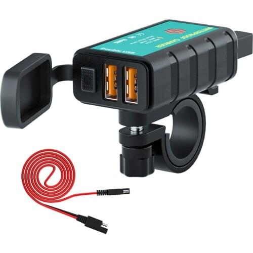 Car Motorcycle Square Fast Charge Dual USB Charger With Button Switch Integrated SAE Jack Adapter Socket Auto Accessories