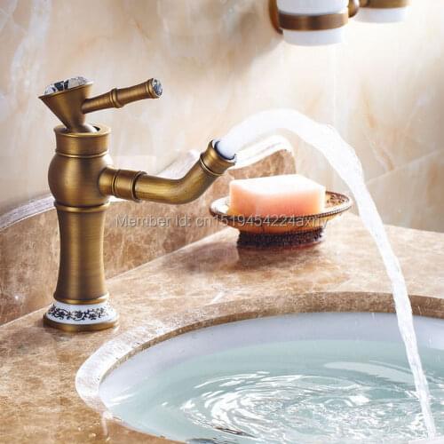 Free Shipping Antique Brass Crystal Faucet Bathroom Basin Mixer Diamond Handle Swivel Spout Ceramic Base GI56