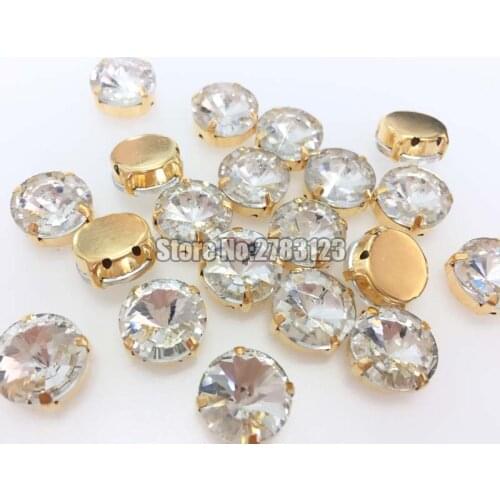 Free shipping Gold bottom round white AAA Glass Crystal sew on claw rhinstones,10mm 12mm 14mm 16mm 20pcs/bag