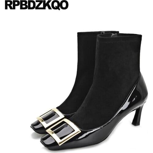 Boots Ankle Side Zip High Heel 2017 Metal Short Pointed Toe Booties Celebrity Strange Black Patent Leather Winter Stiletto