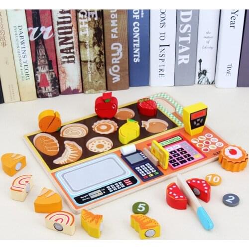 Children Wooden Simulation Fruit Supermarket Play House Cash Register Toy Kitchen Fruit And Vegetables Cut Cognitive Toy