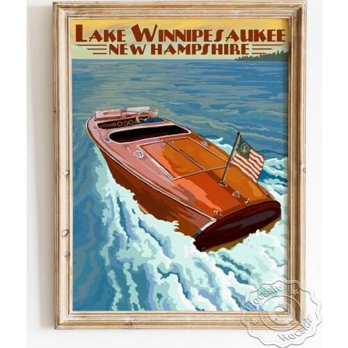 New Hampshire Travel Publicity Poster, Chris Craft Boat Advertising Canvas Painting, Lake Winnipesaukee Scenery Wall Picture