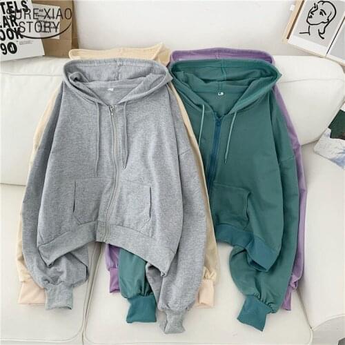 Cotton Long Sleeve Hoodies Women Loose Drawstring Sweatshirt for Women Autumn Korean Streetwear Hoodie with Zipper Jacket 11758