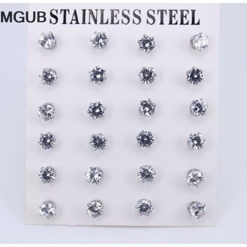 Stainless Steel fashion Jewelry 12 pairs/set Silver Color Diameter 3-6mm High quality Cubic Zirconia Stud Earrings for WomenZN30