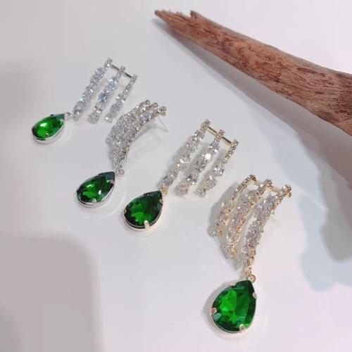 Korean Elegant Green Waterdrop Crystal Drop Earrings For Women Girls Fashion 3 Line Zircon Oorbellen Jewelry Gifts