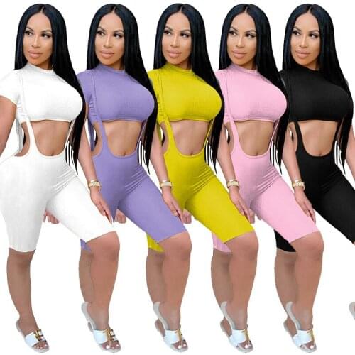 Solid Color Short Sleeve Round Neck Sexy Crop Top & Suspender Shorts Two Piece Sets Women Outfits 2021 Summer Casual Sweatsuits