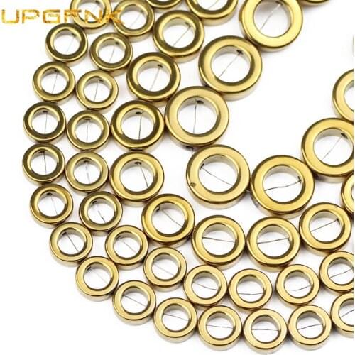 UPGFNK Natural Gold Circle Shape Hematite Stone Round Spacer Loose Beads For Jewelry Making 8/10/12/14mm Diy Bracelet Findings