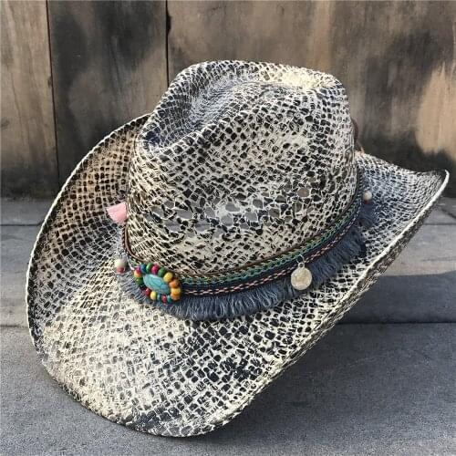 Summer Women Straw Hollow Western Cowboy Hat Elegant Lady Sombrero Hombre Hat Fascinator Tassel Sunbonnet Cowgirl Sun Hat