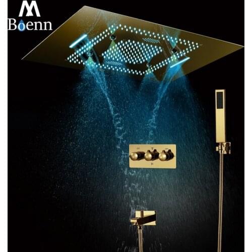 MBoenn Large Polished Gold Rain Shower System Hot and Cold Bathroom Faucet Ceiling 23"x31" LED ShowerHeads Concealed Mixer Brass