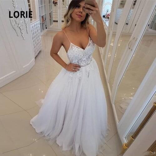 LORIE Spaghetti Strap Beach Wedding Dresses Sexy V-neck Soft Tulle with Appliqued Pearl Beading Ball Gown Princess Bridal Gowns