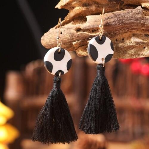 Cow Pattern Macrame Tassels Earrings Unique Women Bohemian Dainty Trendy Retro Vintage Statement Gift Geometric Tassels Earrings