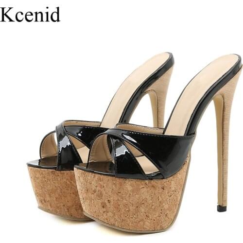 Kcenid New Summer Sexy High Heels 16CM Ladies Slippers Fashion Platform Pumps Peep Toe Mules Shoes Size 42 Black Sandals Slides