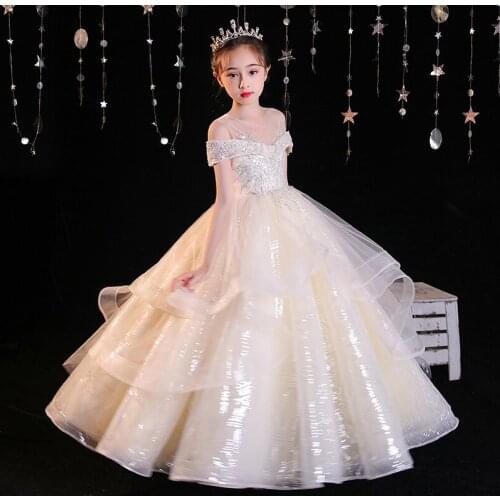 Champagne Pageant Vintage Sequin Dress Kids Party First Bridesmaid Dresses Children Costume Wedding Dress Girl Pageant Vestido