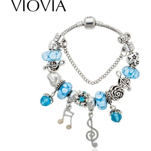 VIOVIA Music Notation Charm Bracelets & Bangles Fashion DIY Rhinestone Color Blue Beads Bracelets For Women Gift B15336