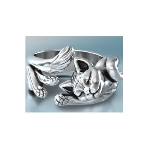 Knitted ring Cat open ring Adjustable opening Fashion Retro Punk Vintage Ring for Men Women Silver Color Jewelry Gift drop ship