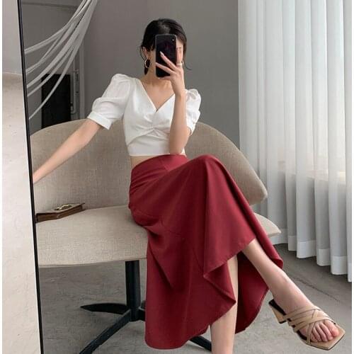 New Korean Chic Women Summer Temperament V-Neck Short Sleeved Shirt + High-Waist Red Long A Line Skirt Two Piece Set