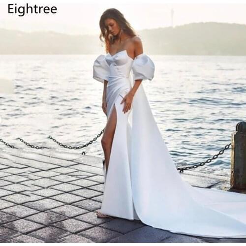 Eightree New Simple Sweetheart Long Cape Wedding Dresses With Detachable Sleeves 2021 Side Slit Long Beach Mariage Gowns