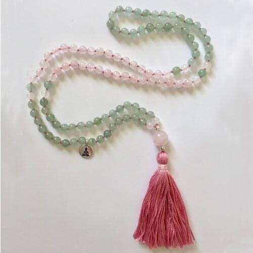 108 Prayer Beads With Buddha Charm Necklace Tassel Jewelry Rose Q-uartz And Aventurine Mala Beads Necklace Boho Jewelry Gift