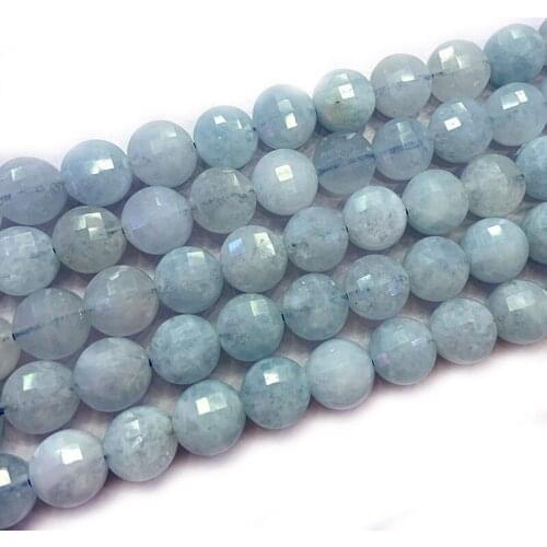 7-8mm Natural Blue Aquamarines Beads 15'' Faceted Coin Button DIY Loose Beads For Jewelry Making Beads Women Accessories Gift